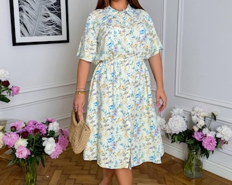 Floral Shirt Dress Plus Size Women Summer Midi Button Dress