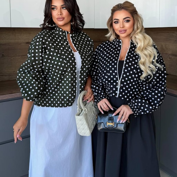 Polka Dot Bomber Jacket Women Plus Size Cotton Linen Oversized Lightweight Zip Casual Fashion