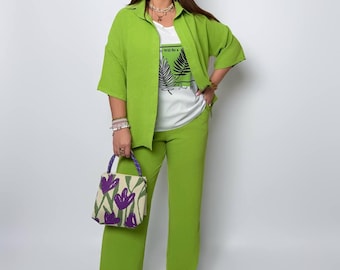 Plus Größe 3-teiliges Set Frauen, Sommer Outfit Palazzo Hosen Set, Lockeres Shirt & T-Shirt, Lässige Passende Set, Hose mit weitem Bein, helle Farben