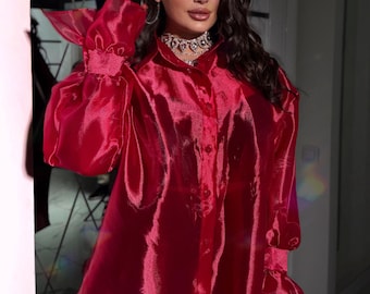 Top da sera in organza trasparente per donna, look da festa oversize, elegante camicia alla moda a maniche lunghe, 6 colori