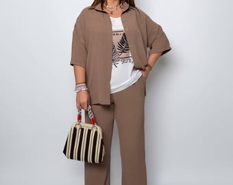 Plus Size Beige 3 Piece Set Women Summer Outfit, Palazzo Wide Leg Pants, Oversized Shirt and T-Shirt, Casual Lounge Wear