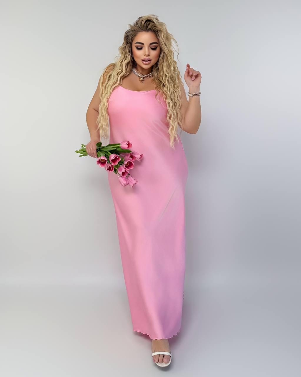 pink satin plus size dress Plus-Size Lace-Up Long Prom Dress with Side Drape Hot Pink / 16