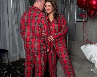 Matching Flannel Pajamas for Couples, Cotton Plaid Pajama Set, Warm Winter Sleepwear, Red & Blue Family Pajamas Gift