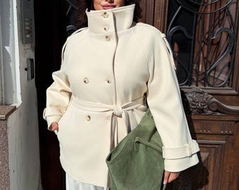 Beige Wool Trench Coat, Women's Belted Long Outerwear, Insulated Classic Jacket, Elegant Neutral Fall Wear