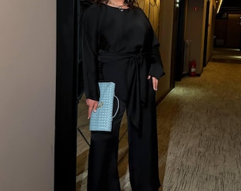 Plus Size Women Two Piece Suit with Palazzo Pants, Satin High Waist Formal Pantsuit