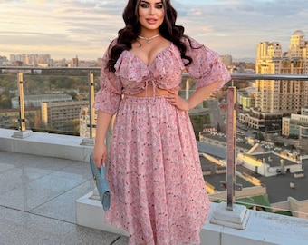 Plus Size Two Piece Set Skirt and Top, Floral Chiffon Outfit, Boho Midi Skirt Set, Summer Outfit Women, Curvy Clothing Set