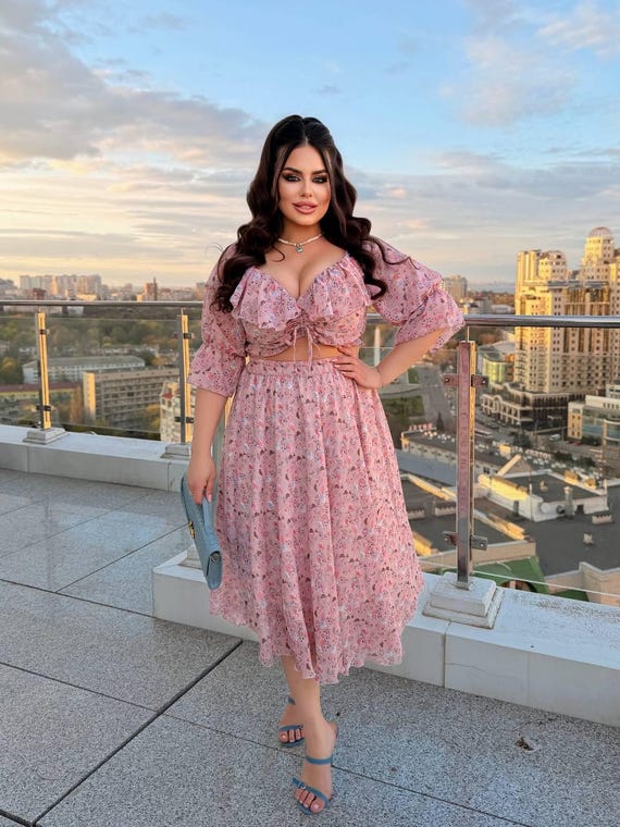 Plus Size Two Piece Set Skirt and Top, Floral Chiffon Outfit, Boho Midi Skirt Set, Summer Outfit Women, Curvy Clothing Set