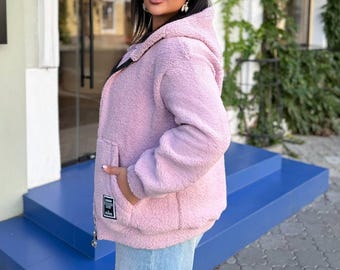 Pink Teddy Fleece Jacket Women Plus Size Hooded Coat Plush Zip Front Casual Winter