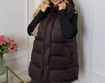 Puffer Vest Plus Size, Removable Hood Warm Outerwear, Trendy Quilted Gilet, Oversized Winter