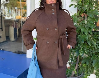 Warm Cashmere Wool Coat Double Breasted Winter Trench Belted Stylish Outerwear Brown