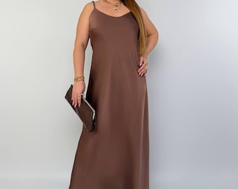 Braun Satin Maxi Kleid Plus Größe, Slip Kleid Frauen, Schokolade Brautjungfer Kleid, Hochzeit Gast Kleid, Elegantes Langes Kleid