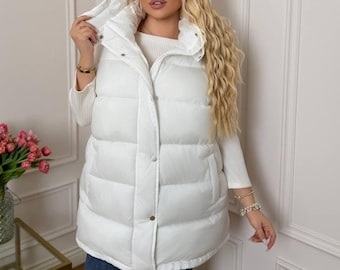 Puffer Gilet, Oversized Hood Outerwear, Warm Quilted Curvy Vest, Cozy Plus Size Winter