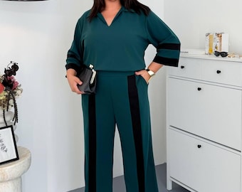 Curvy Top Palazzo Pants Stretchy Fabric Plus Size Matching Set Relaxed Travelwear