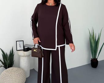 Wide Leg Trousers Plus Size Two Piece Set Stretch Crepe Outfit Black Blue Brown