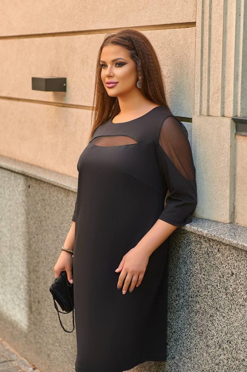 Black plus size midi dress with mesh neckline, elegant wedding guest dress for curvy women