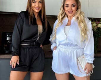 Silk shorts high waist elastic band Black white Plus size casual lounge oversized clothing