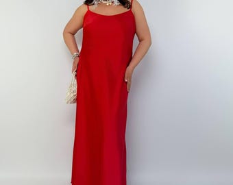 Rotes Satin Maxi Kleid Plus Größe, Slip Kleid Frauen, Brautjungfer Kleid, Hochzeit Gast Kleid, Elegantes Langes Kleid