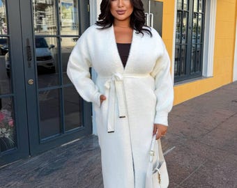 Alpaca Longline Cardigan Chunky Knit Outerwear Soft Oversized Autumn Winter White Coat Plus Size