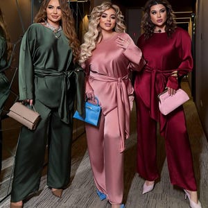 Plus size satin pants sets for women in multiple colors including black burgundy dusty rose and khaki