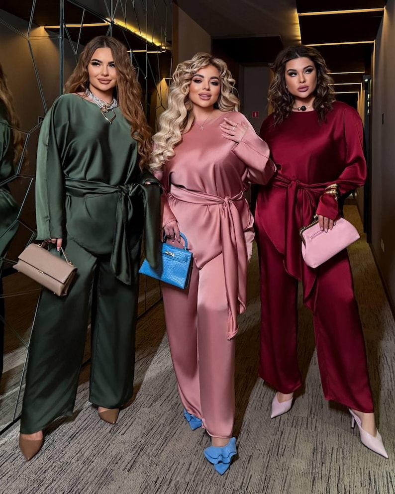 Plus size satin pants sets for women in multiple colors including black burgundy dusty rose and khaki