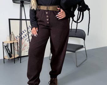 Corduroy Pants High Waist Baggy Barrel Leg Plus Size Vintage Streetwear Belted Trousers