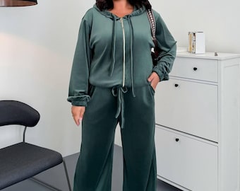 Green Velour Tracksuit, Women's Relaxed Two Piece Set, Hooded Zip Jacket, Wide Leg Pants