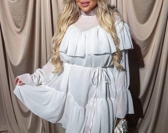 White Chiffon Plus Size Dress Lace High Neck Ruffle Boho Casual Party Outfit