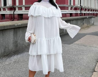 Midi Dress Boho Ruffle Lace Collar Loose Fit Chiffon Layered Belted Plus Size White