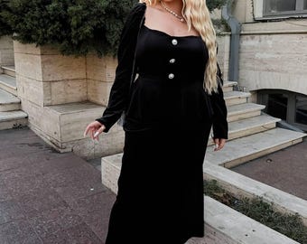 Velour Midi Skirt Plus Size High Waisted Black Cotton Long Split Pencil Skirt