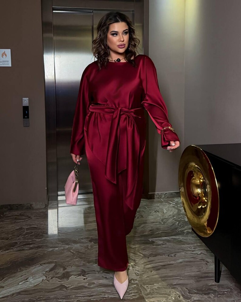 Burgundy satin two piece set for women with high waist palazzo pants and long sleeve top