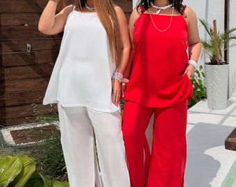 Conjunto de verano de dos piezas de gasa: top de tirantes de talla grande, pantalones de pierna ancha para mujeres con curvas.