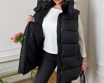 Black Puffer Vest, Removable Hood Outerwear, Warm Quilted Gilet, Oversized Winter Clothes