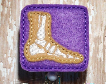 Foot Xray - Purple Felt - Felt Badge Reel  Retractable ID Badge Holder - Embroidered Name Tag Pull - Alligator or Slide Clip