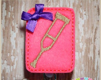 Crutch - Brite Pink - Felt Badge Reel  Retractable ID Badge Holder - Embroidered Name Tag Pull - Alligator or Slide Clip