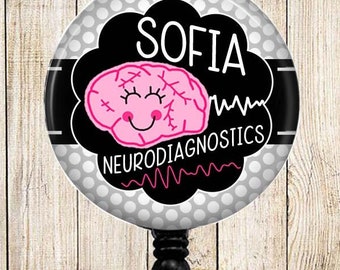 Bryelle the Brain - Personalized - Neuro - Neurology Grey Polka Dots - Button Badge Reel Retractable ID Holder Alligator Slide Clip - BR0255