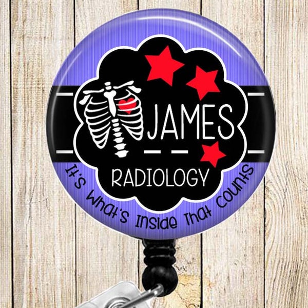Personalized - Chest Xray with Stars Blue & Red - Inside that Counts - Button Badge Reel Retractable ID Holder - Alligator Slide Clip BR0783