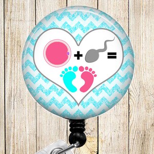 Fertility Heart - Pool Blue Chevron - Button Badge Reel - Retractable ID Holder Alligator or Slide Clip - Name Tag Holder - OBGYN - BR0446
