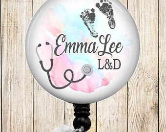 Baby Footprints - Stethoscope on Pink & Blue Watercolor - PERSONALIZED - Button Badge Reel  Retractable Alligator or Slide Clip - BR0133