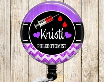 Personalized - Phlebotomist - Phlebotomy - Glitter Chevron - Button Badge Reel - Retractable ID Holder - Alligator or Slide Clip Unique Gift