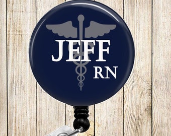 Personalized - Dark Blue - Medical Symbol -  Button Badge Reel - Retractable ID Holder - Alligator or Slide Clip - Male Nurse Gift - BR0754