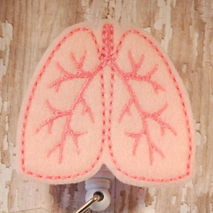 Lungs - Light Pink with Hot Pink - Felt Badge Reel - Respiratory Therapist Nurse Retractable ID Badge Holder - Embroidered