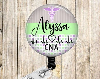 Personalized - Grey, Mint, & Purple Polka Dots  Medical Symbol EKG - Button Badge Reel Retractable ID Holder Alligator or Slide Clip BR0584