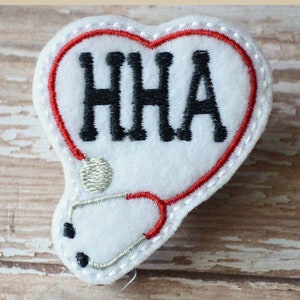 HHA Stethoscope Heart - White with Red - Felt Badge Reel - Home Health Aide Retractable ID Badge Holder - Embroidered