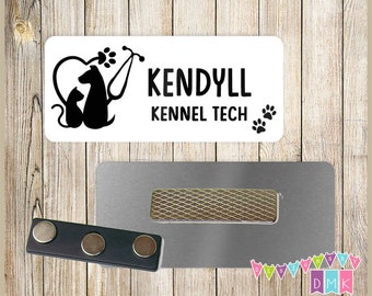 Cat & Dog in Heart Paw Stethoscope - WHITE - Vet Tech - PERSONALIZED - Custom Name Tag - 1.25" x 3"  Magnetic OR Pin Back - 239NT