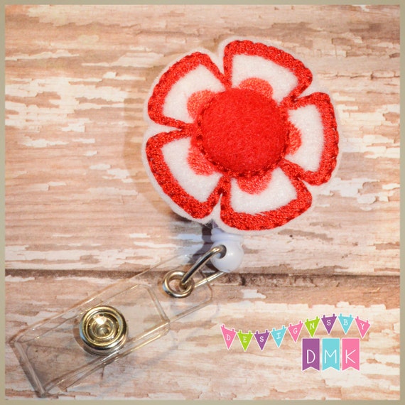 Spring Blossom Flower - Red - Felt Badge Reel - Retractable ID Badge Holder  - Embroidered