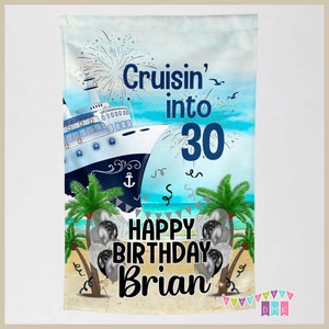 Cruisin' into (number) - Happy Birthday - Black Silver - Cruise Door Decoration PERSONALIZED - Banner Flag Standard or Premium Fabric CF062