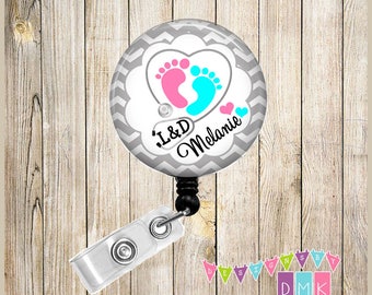 Baby Feet Stethoscope - PERSONALIZED - Grey Chevron - Button Badge Reel - Retractable ID Holder Alligator or Slide Clip - Name Tag Holder