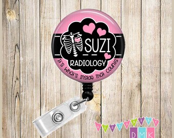 Personalized - PINK - Chest Xray with Hearts -  Radiology Technician - Button Badge Reel Retractable ID Holder Alligator or Slide Clip