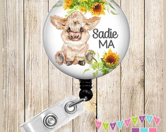 Baby Highland Cow - Sunflowers - PERSONALIZED - Button Badge Reel  Retractable Alligator or Slide Clip - BR0580