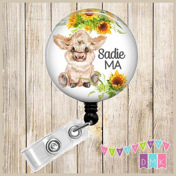 Baby Highland Cow Sunflowers PERSONALIZED Button Badge Reel
